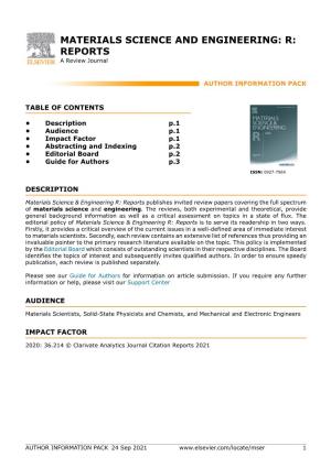 MATERIALS SCIENCE and ENGINEERING: R: REPORTS a Review Journal