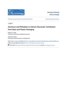 Aluminum and Phthalates in Calcium Gluconate: Contribution from Glass and Plastic Packaging