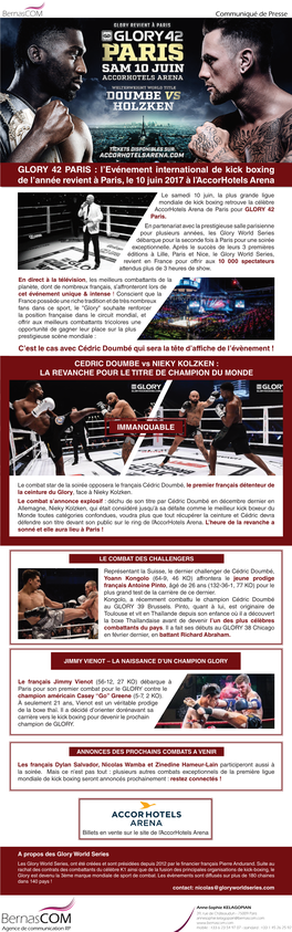 GLORY 42 PARIS : L’Evénement International De Kick Boxing De L’Année Revient À Paris, Le 10 Juin 2017 À L’Accorhotels Arena
