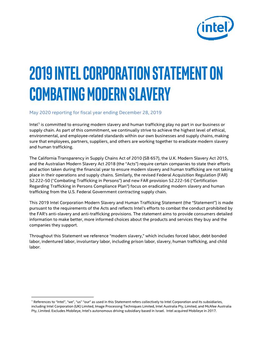 2019 Intel Corporation Statement on Combating Modern Slavery