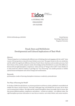 Freud, Stern and Mcgilchrist: Developmental and Cultural Implications of Their Work