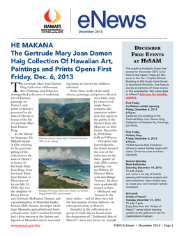 HE MAKANA the Gertrude Mary Joan Damon Haig Collection of Hawaiian Art, Paintings and Prints Opens First Friday, Dec. 6, 2013