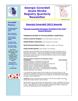 Georgia Coverdell Acute Stroke Registry Quarterly Newsletter WINTER 2013 Coverdell Partners: Georgia Coverdell 2013 Awards