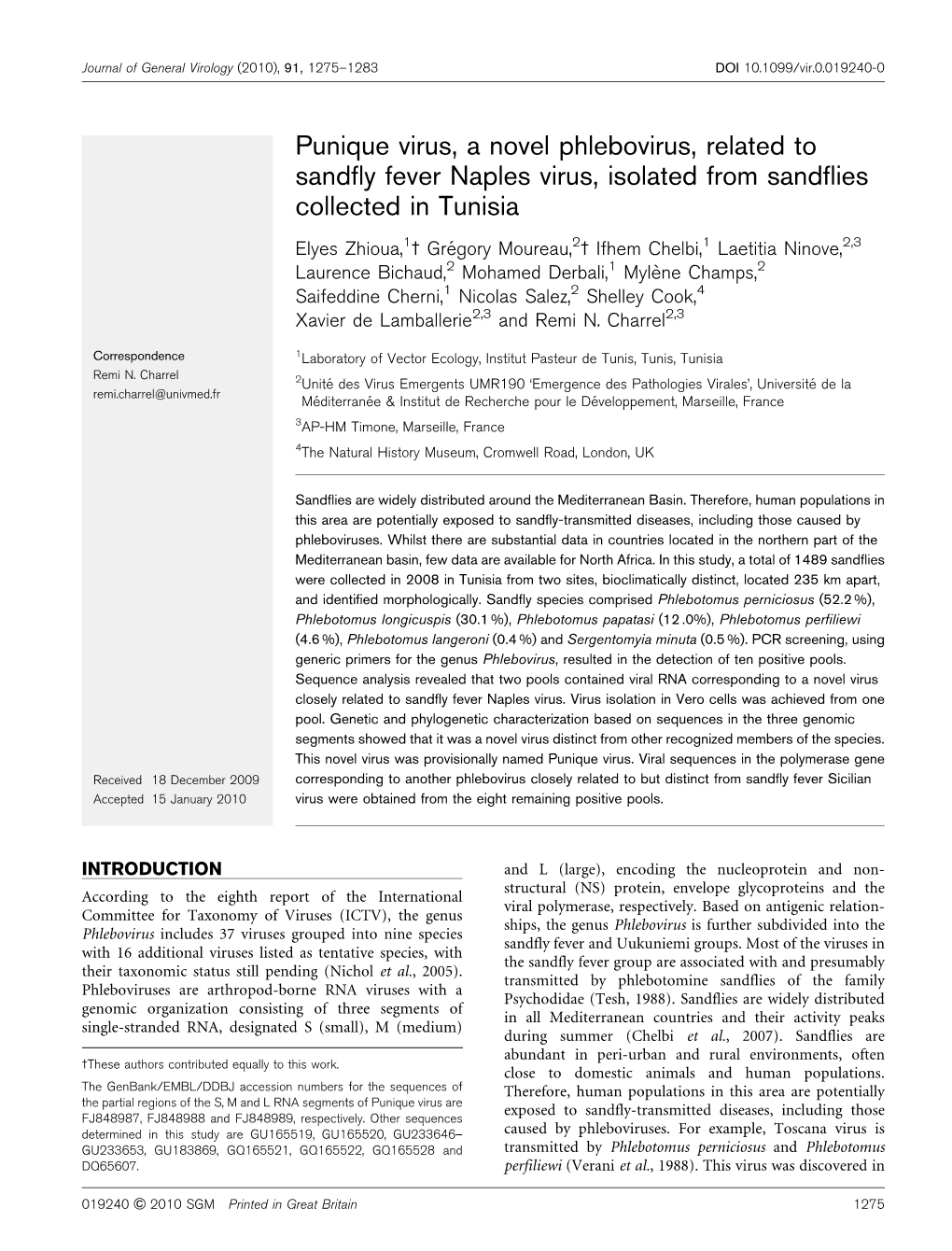 Punique Virus, a Novel Phlebovirus, Related to Sandfly Fever Naples Virus, Isolated from Sandflies Collected in Tunisia