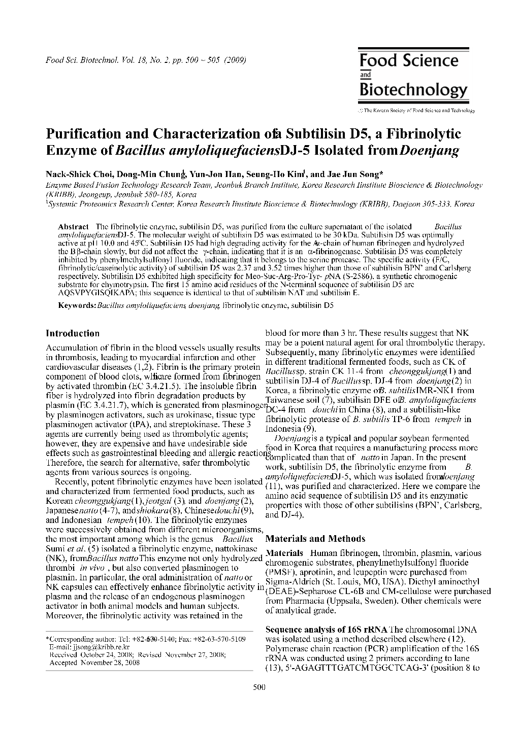 Purification and Characterization of a Subtilisin D5, a Fibrinolytic Enzyme of Bacillus Amyloliquefaciens DJ-5 Isolated from Doenjang