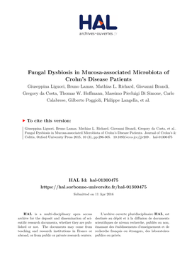 Fungal Dysbiosis in Mucosa-Associated Microbiota of Crohn’S Disease Patients Giuseppina Liguori, Bruno Lamas, Mathias L
