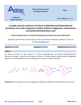 (Furan-3-Yl)Barbiturate/Thiobarbiturate Derivatives Via a Multi-Component Reaction Between Arylglyoxals, Acetylacetone and Barbituric/Thiobarbituric Acid