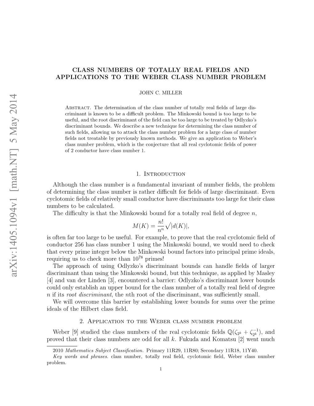 Arxiv:1405.1094V1 [Math.NT] 5 May 2014 Fdtriigtecasnme Srte Icl O Ed Flredis Large Calculated