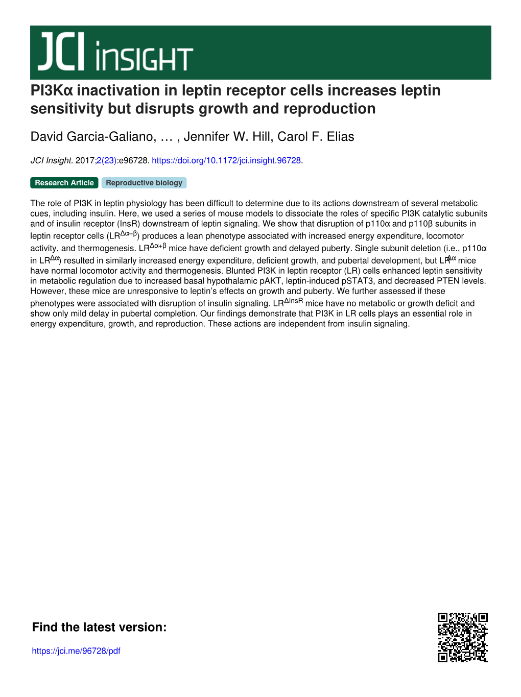 Pi3kα Inactivation in Leptin Receptor Cells Increases Leptin Sensitivity but Disrupts Growth and Reproduction