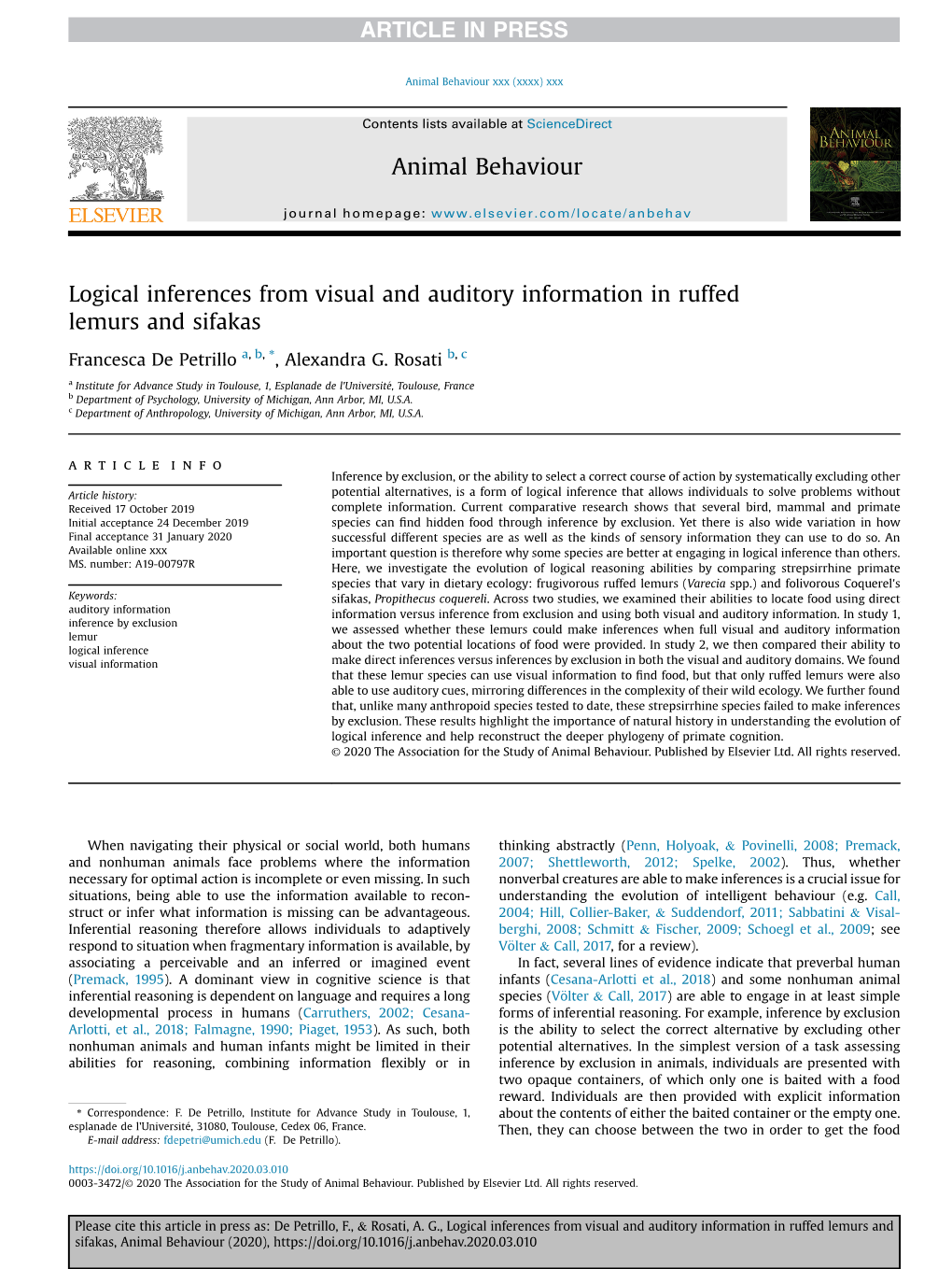 Logical Inferences from Visual and Auditory Information in Ruffed Lemurs and Sifakas