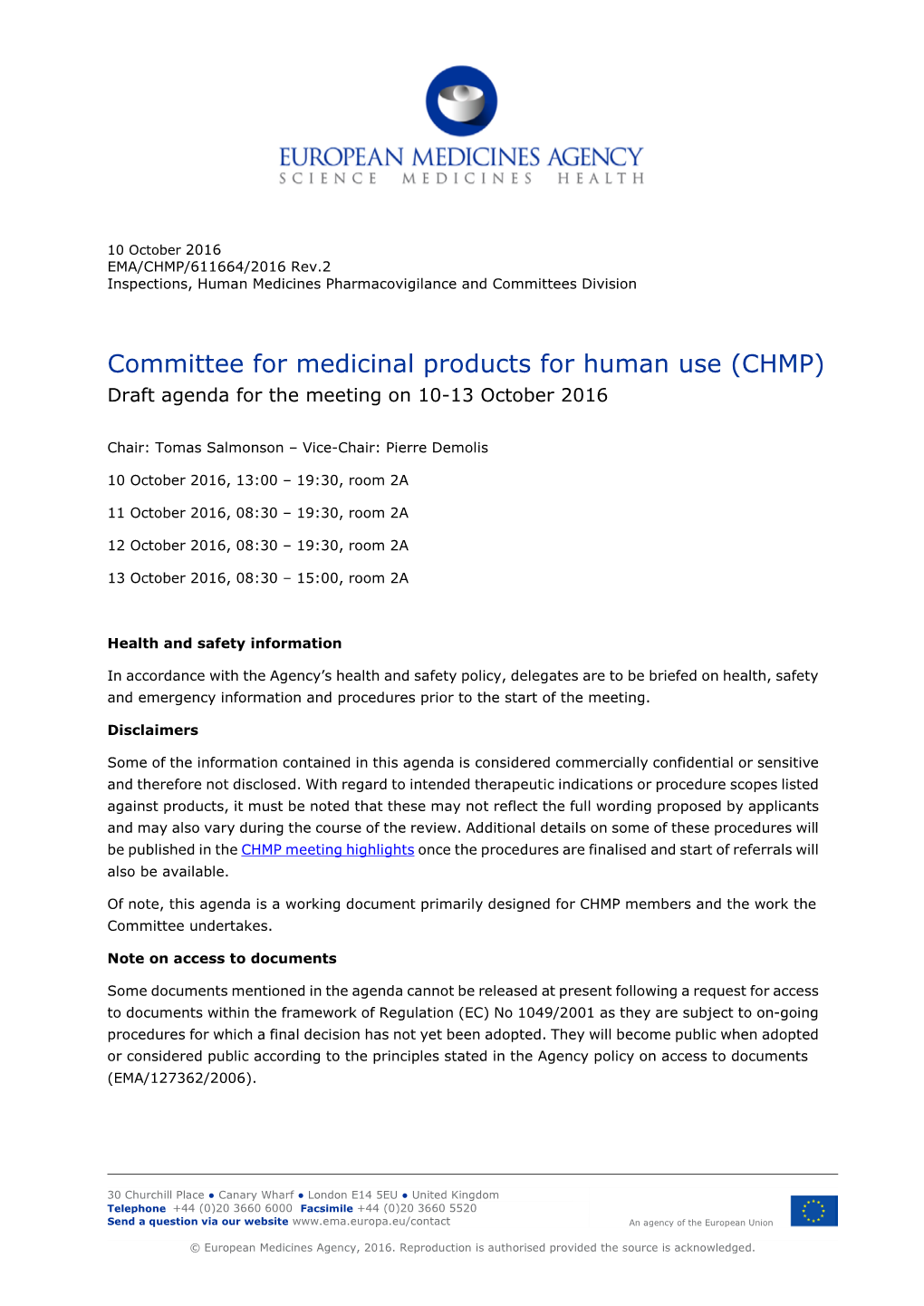 CHMP Agenda of the 10-13 October 2016 Meeting