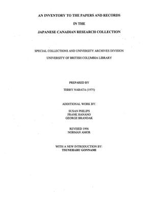 An Inventory to the Papers and Record S in the Japanese Canadian Research Collectio N