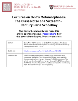 Lectures on Ovid's Metamorphoses: the Class Notse of a Sixteenth- Century Paris Schoolboy