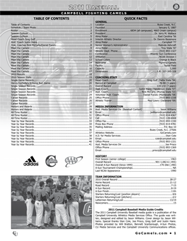 2011 Baseball 2011 BASEBALL CAMPBELL FIGHTING CAMELS TABLE of CONTENTS QUICK FACTS GENERAL Table of Contents