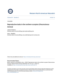 Reproductive Traits in the Northern Scorpion (Paruroctonus Boreus)