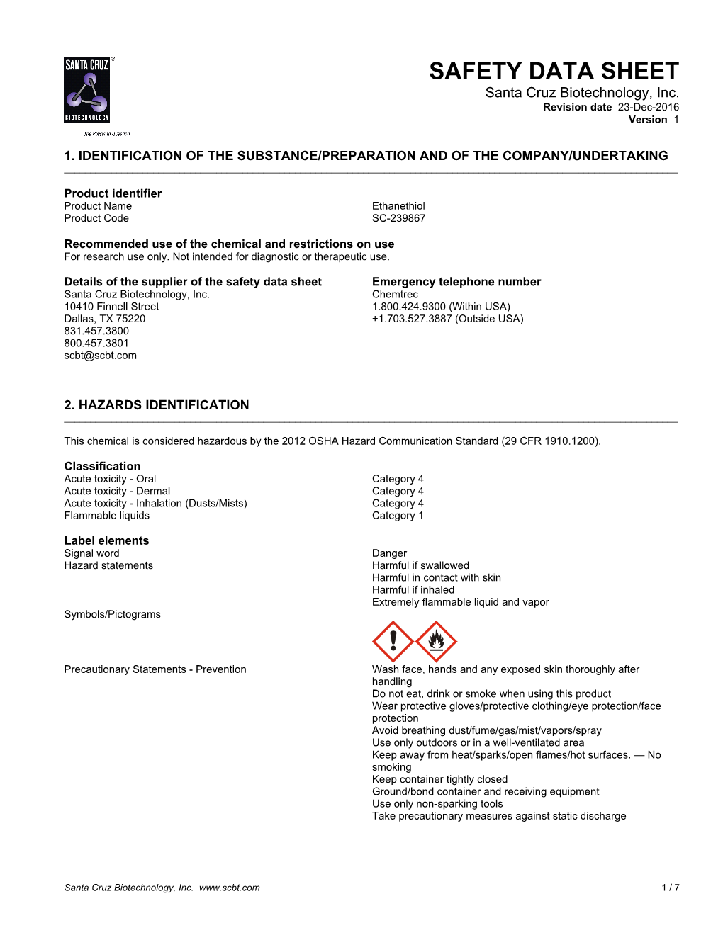 SAFETY DATA SHEET Santa Cruz Biotechnology, Inc