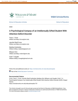 A Psychological Autopsy of an Intellectually Gifted Student with Attention Deficit Disorder