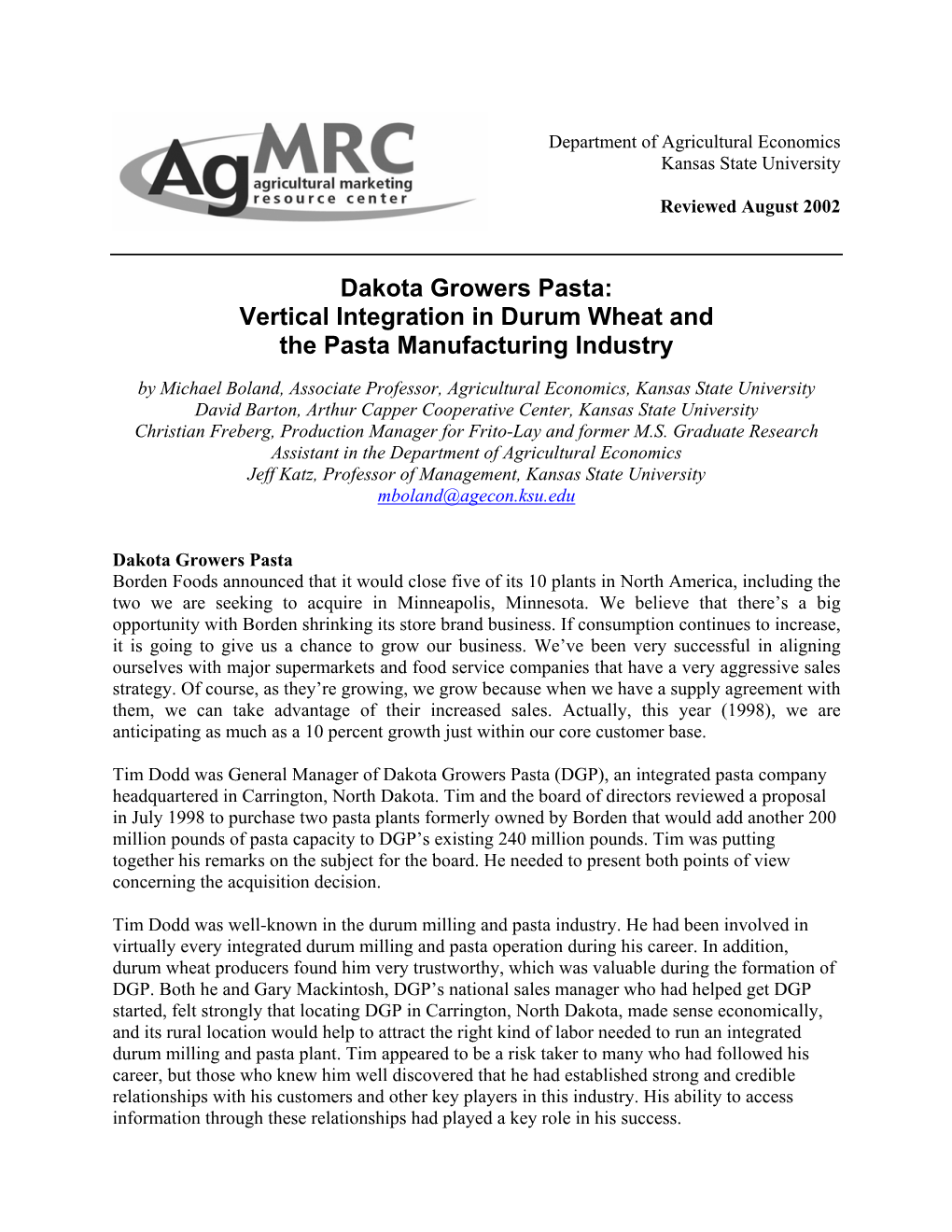 Dakota Growers Pasta: Vertical Integration in Durum Wheat and the Pasta Manufacturing Industry