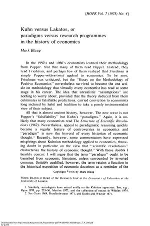Kuhn Versus Lakatos, Or Paradigms Ver Su S Research Programmes in the History of Economics
