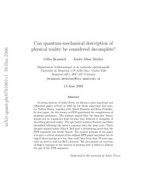 Can Quantum-Mechanical Description of Physical Reality Be Considered