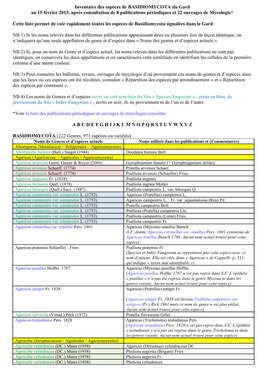 Inventaire Des Espèces De BASIDIOMYCOTA Du Gard Au 15 Février 2015, Après Consultation De 8 Publications Périodiques Et 22 Ouvrages De Mycologie*