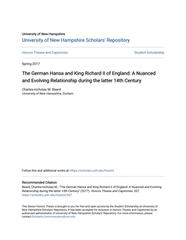 The German Hansa and King Richard II of England: a Nuanced and Evolving Relationship During the Latter 14Th Century