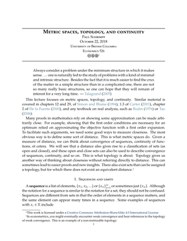 Metric Spaces, Topology, and Continuity Paul Schrimpf October 22, 2018 University of British Columbia Economics 526 Cba1