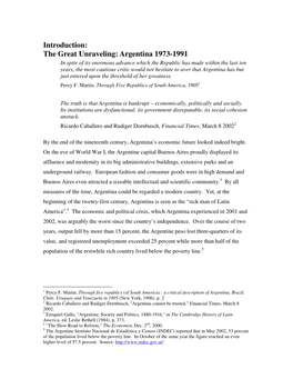 Introduction: the Great Unraveling: Argentina 1973-1991