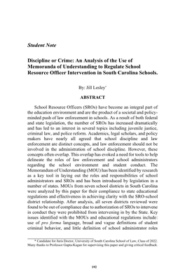 Discipline Or Crime: an Analysis of the Use of Memoranda of Understanding to Regulate School Resource Officer Intervention in South Carolina Schools