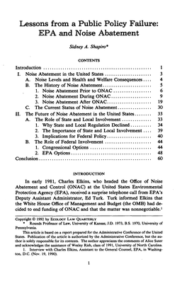 Lessons from a Public Policy Failure: EPA and Noise Abatement