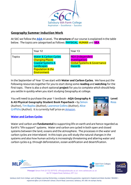 Geography Summer Induction Work