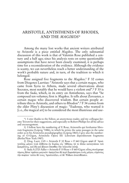 Aristotle, Antisthenes of Rhodes, and the Magikos*