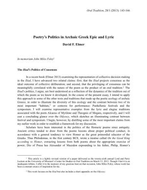 Poetry's Politics in Archaic Greek Epic and Lyric