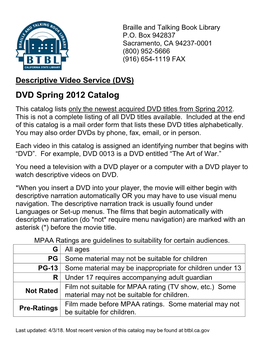 DVD Spring 2012 Catalog This Catalog Lists Only the Newest Acquired DVD Titles from Spring 2012