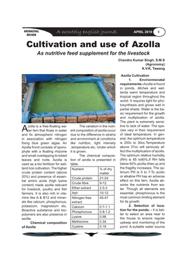 April 2019 1 REVIEW Cultivation and Use of Azolla As Nutritive Feed Supplement for the Livestock Chandra Kumar Singh, S.M.S (Agronomy) K.V.K, Tawang