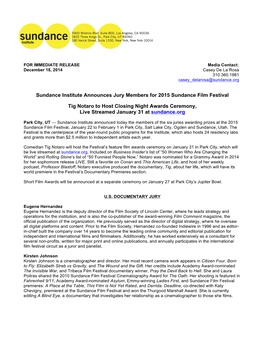 Sundance Institute Announces Jury Members for 2015 Sundance Film Festival