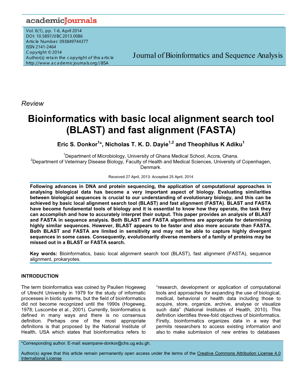 Bioinformatics with Basic Local Alignment Search Tool (BLAST) and Fast Alignment (FASTA)