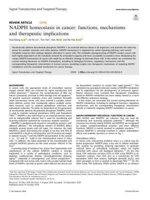 NADPH Homeostasis in Cancer: Functions, Mechanisms and Therapeutic Implications