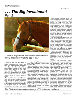 . . the Big Investment Part 2 This Month’S “Working Lines” Is Going to Take a Closer Look at the Sire Record of the Big Investment