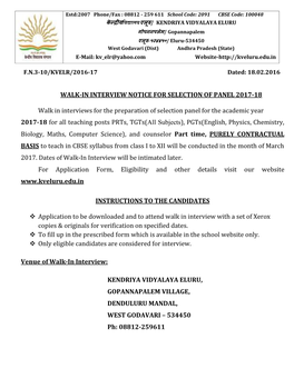 Walk-In Interview Notice for Selection of Panel 2017-18