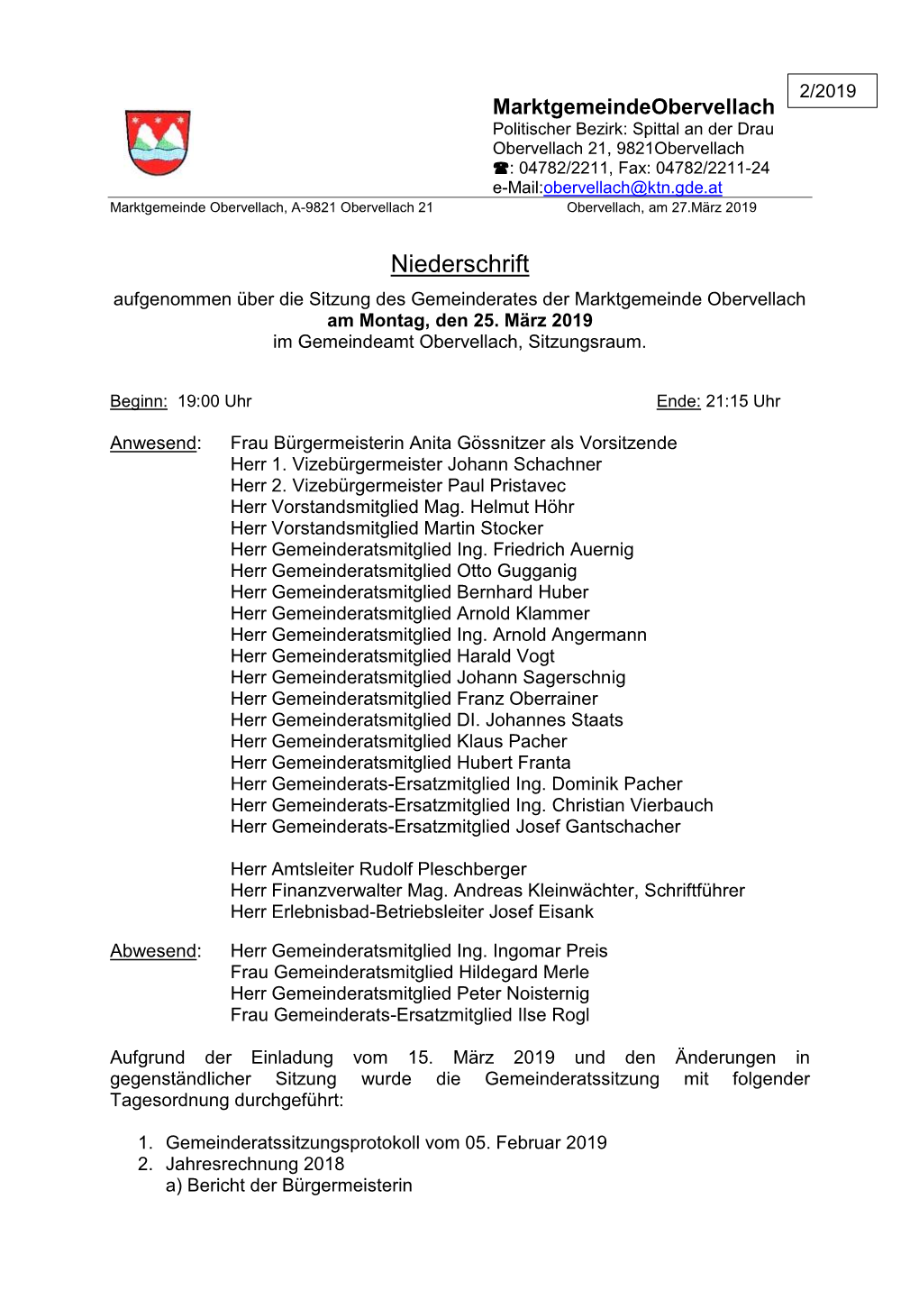 Protokoll Der Gemeinderatssitzung Vom 25. März 2019