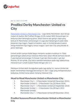Prediksi Derby Manchester: United Vs City