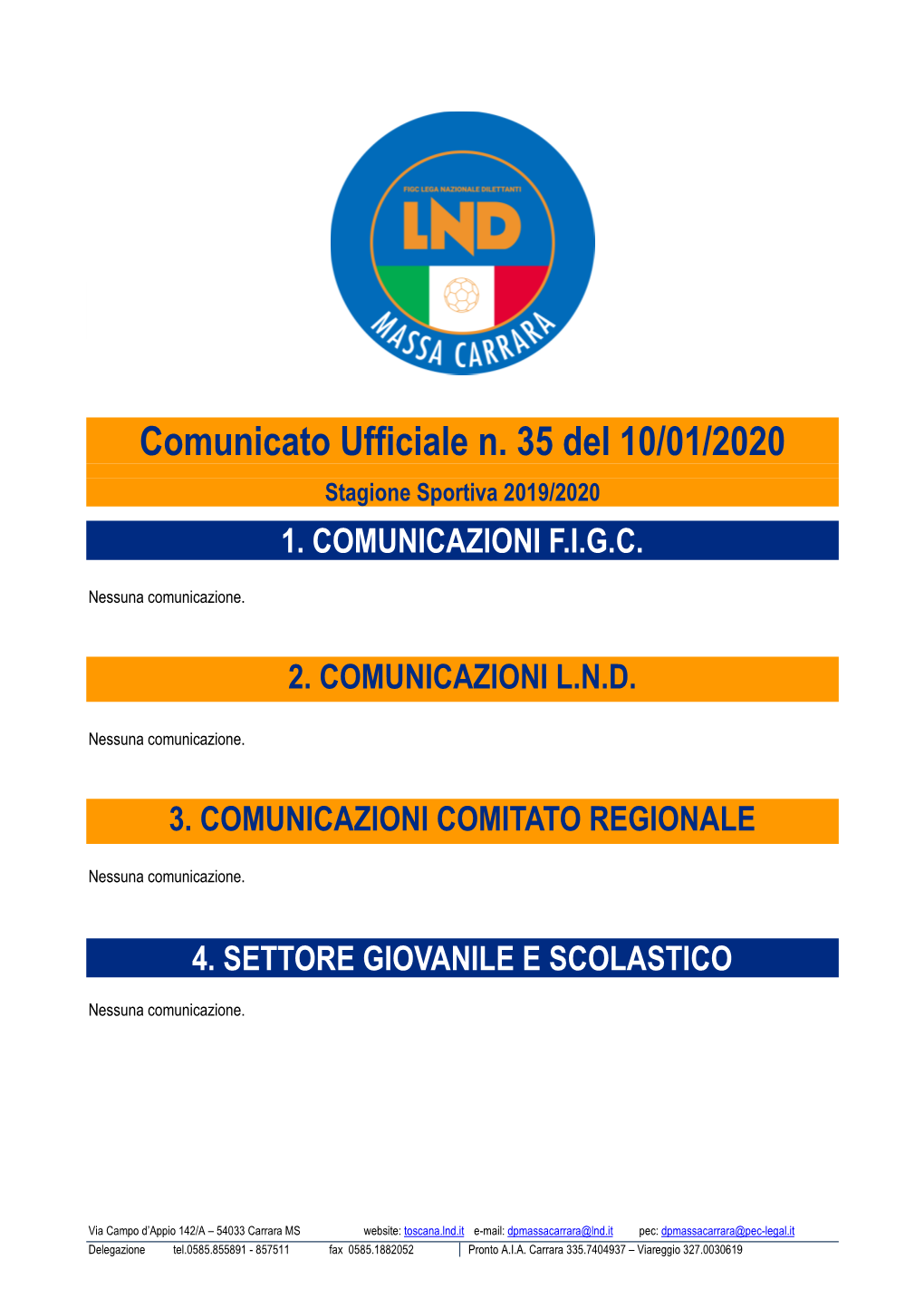 Comunicato Ufficiale N. 35 Del 10/01/2020