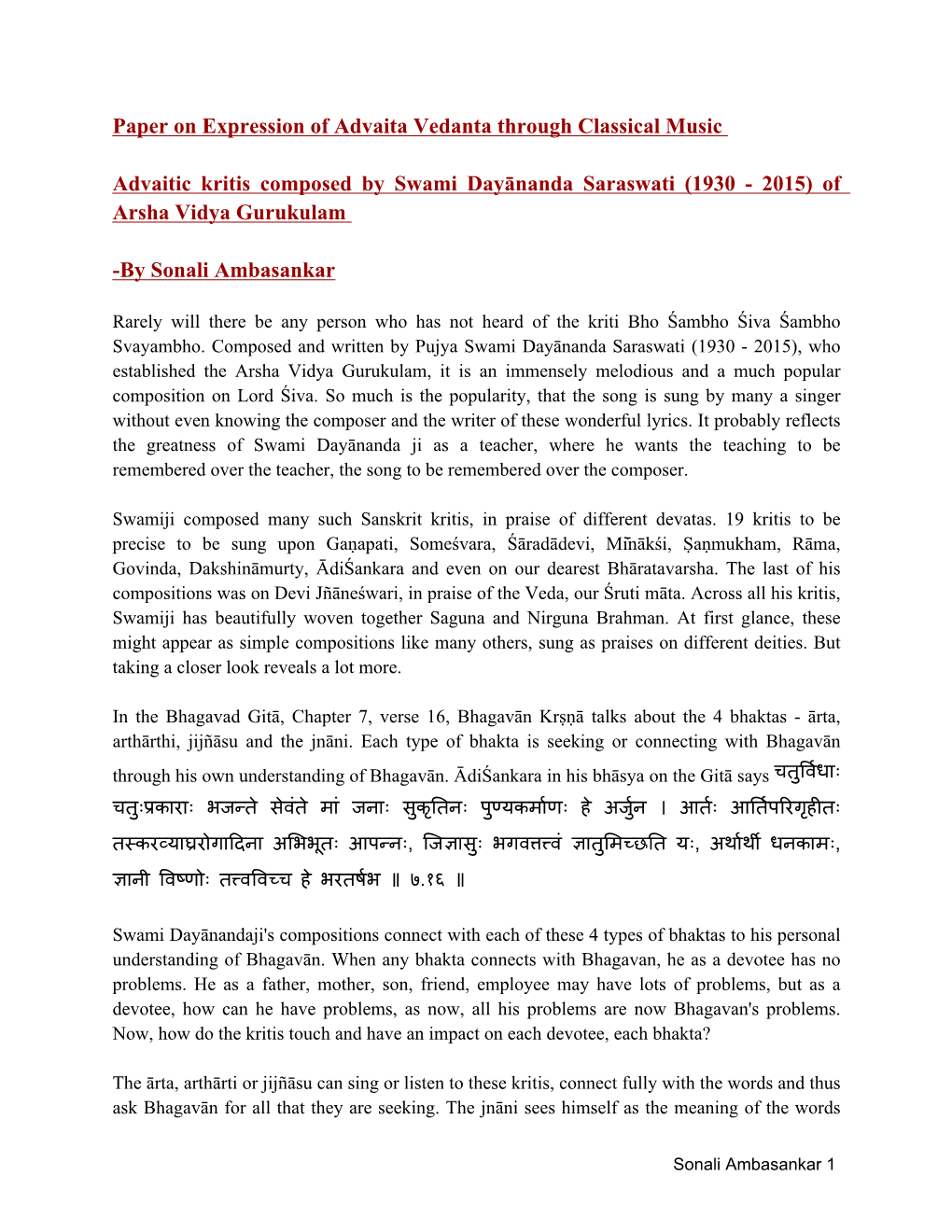 Paper on Expression of Advaita Vedanta Through Classical Music