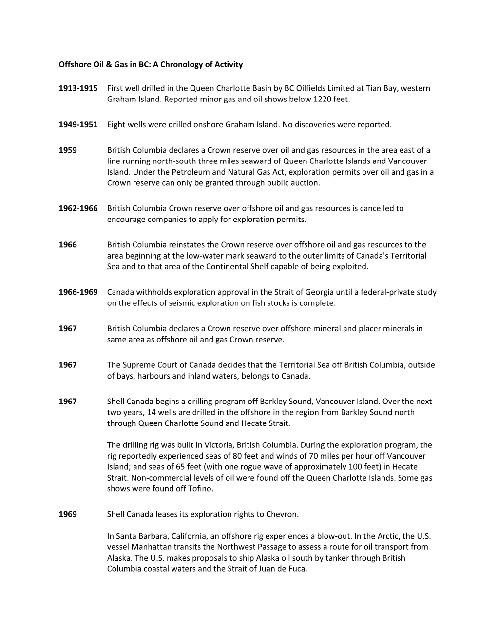 Offshore Oil & Gas in BC: a Chronology of Activity