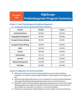 Highscope Prekindergarten Program Summary