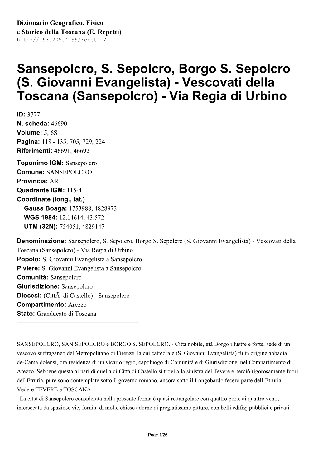 (S. Giovanni Evangelista) - Vescovati Della Toscana (Sansepolcro) - Via Regia Di Urbino