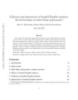 Cofactors and Eigenvectors of Banded Toeplitz Matrices: Trench Formulas