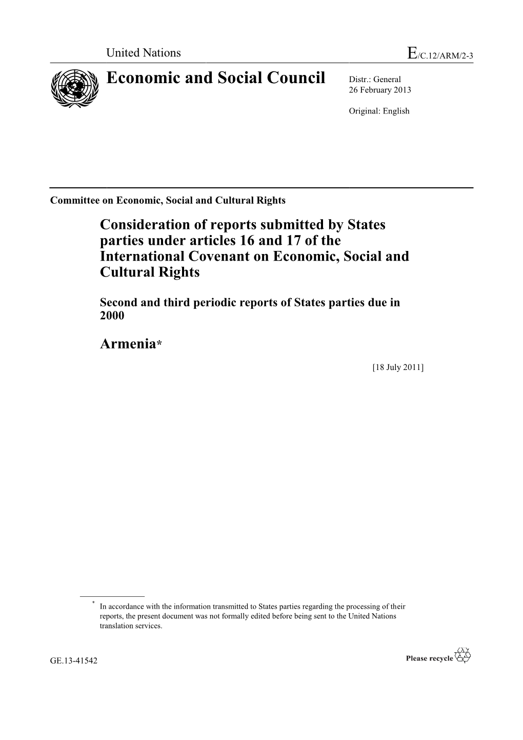 United Nations E/C.12/ARM/2-3 Economic and Social Council Distr.: General 26 February 2013