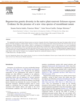 Begomovirus Genetic Diversity in the Native Plant Reservoir Solanum Nigrum